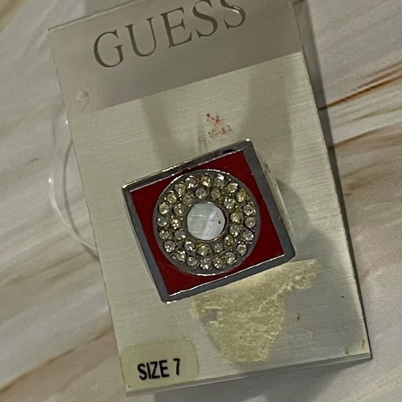 NEW GUESS Red Enamel and Crystal Art Deco Ring - Picture 1 of 4